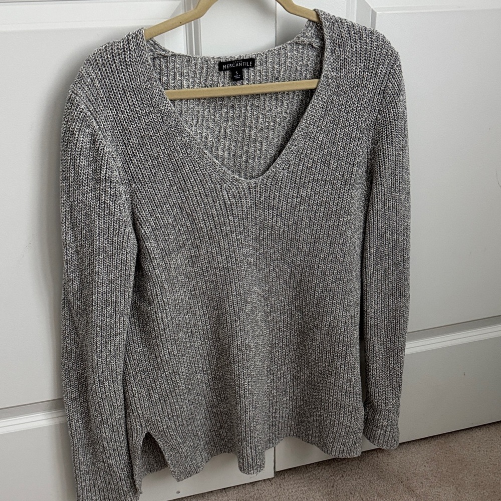 Gray V-Neck Ribbed Sweater